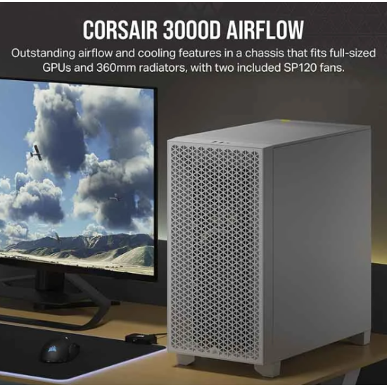 Corsair 3000D Airflow White Mid-Tower ATX Gaming Desktop Casing #CC-9011252-WW